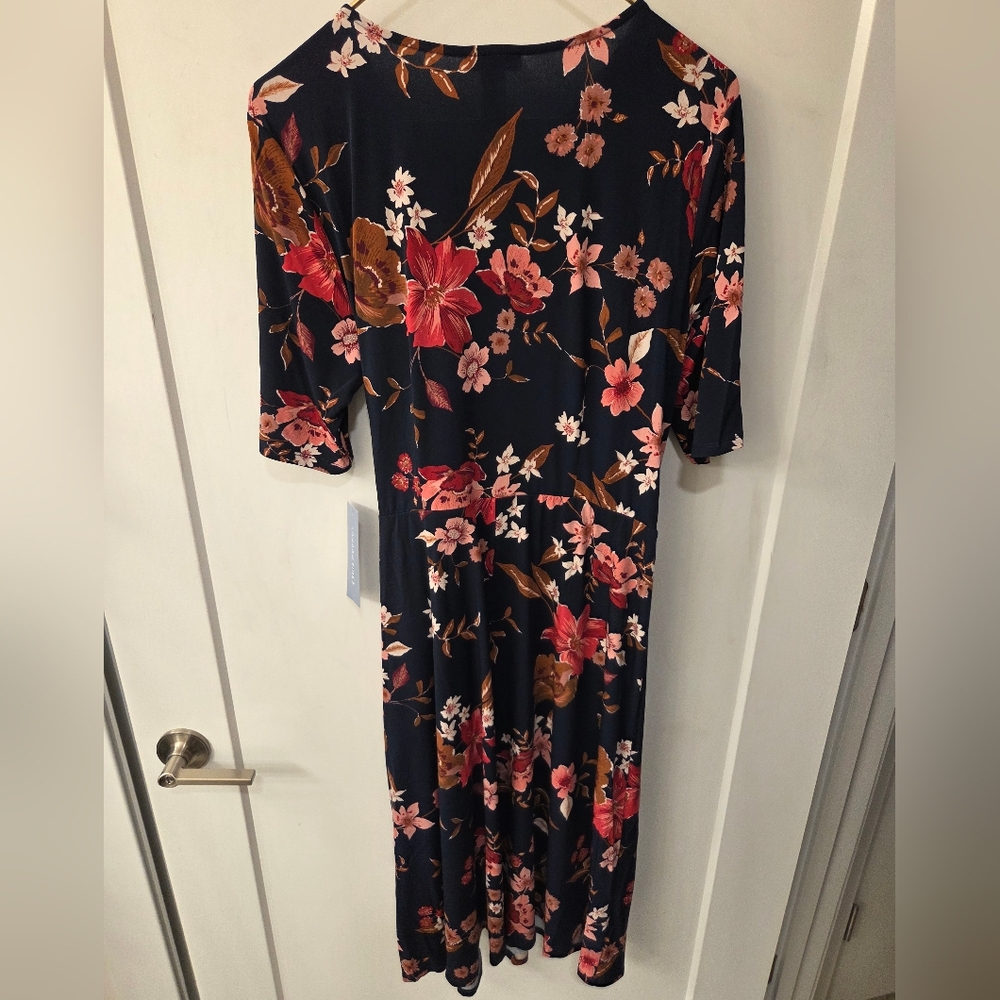NWT-London Times Navy/Red Floral Elbow Sleeve Side Tie Fit & Flare Midi Dress-14 - Picture 7 of 16